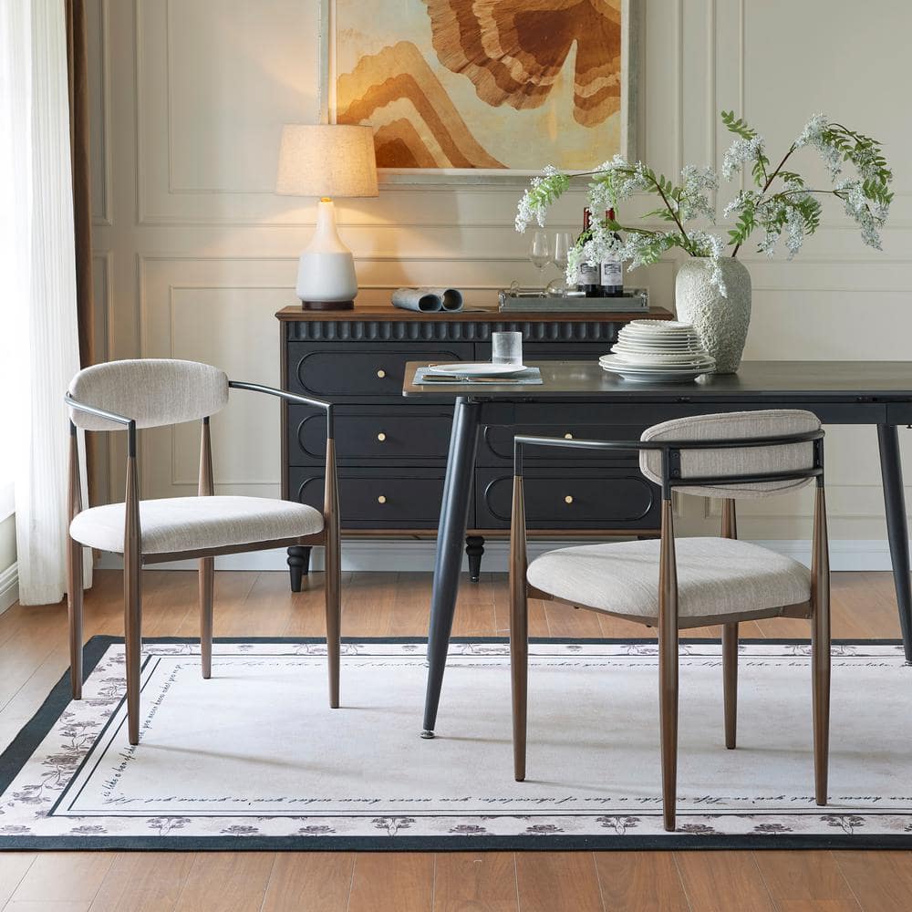 Beige Upholstered Arm Chair with Coffee Gold Metal Legs