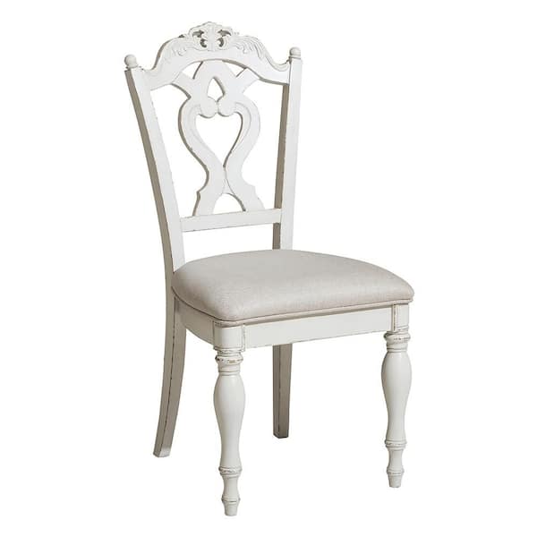 Grazioso Vintage Solid Wood Desk Chair with Fabric Upholstered Cushion in Antique White Finish