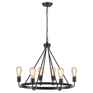 6-Light Black Rustic Farmhouse Candle Style Wagon Wheel Chandelier for Dining Room with no Bulbs Included