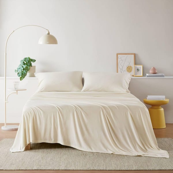 3PCS Twin XL Soft Cream Cotton Blend Jersey Knit Sheet Set All Season-50% Cotton, 50% Polyester Jersey Knitted Fabric