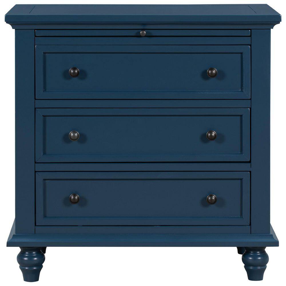 VERYKE Blue Wood Storage End Table with 3Drawer and Pull Out