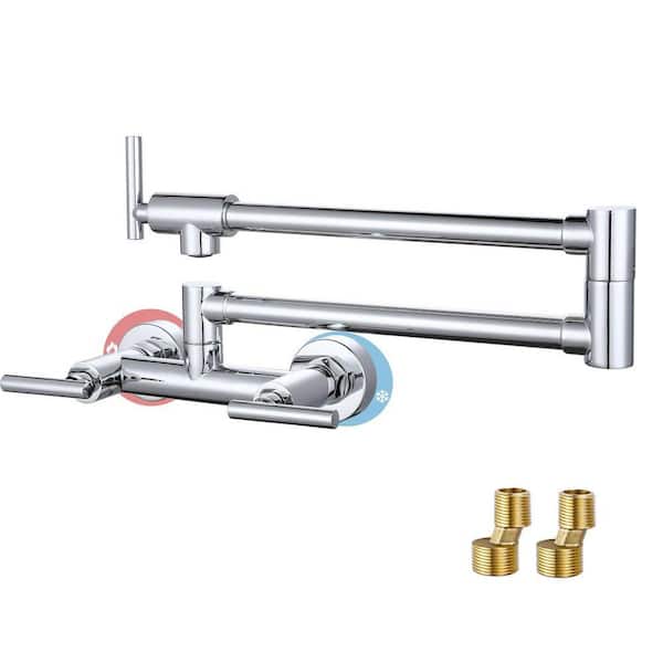 Wall Mounted Pot Filler Kitchen Faucet with 3-Handles and 360° Spout Swivel in Polished Chrome