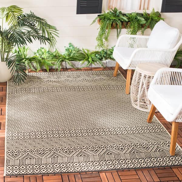 Courtyard Beige/Black Doormat 3 ft. x 5 ft. Tribal Striped Diamonds Indoor/Outdoor Patio Area Rug