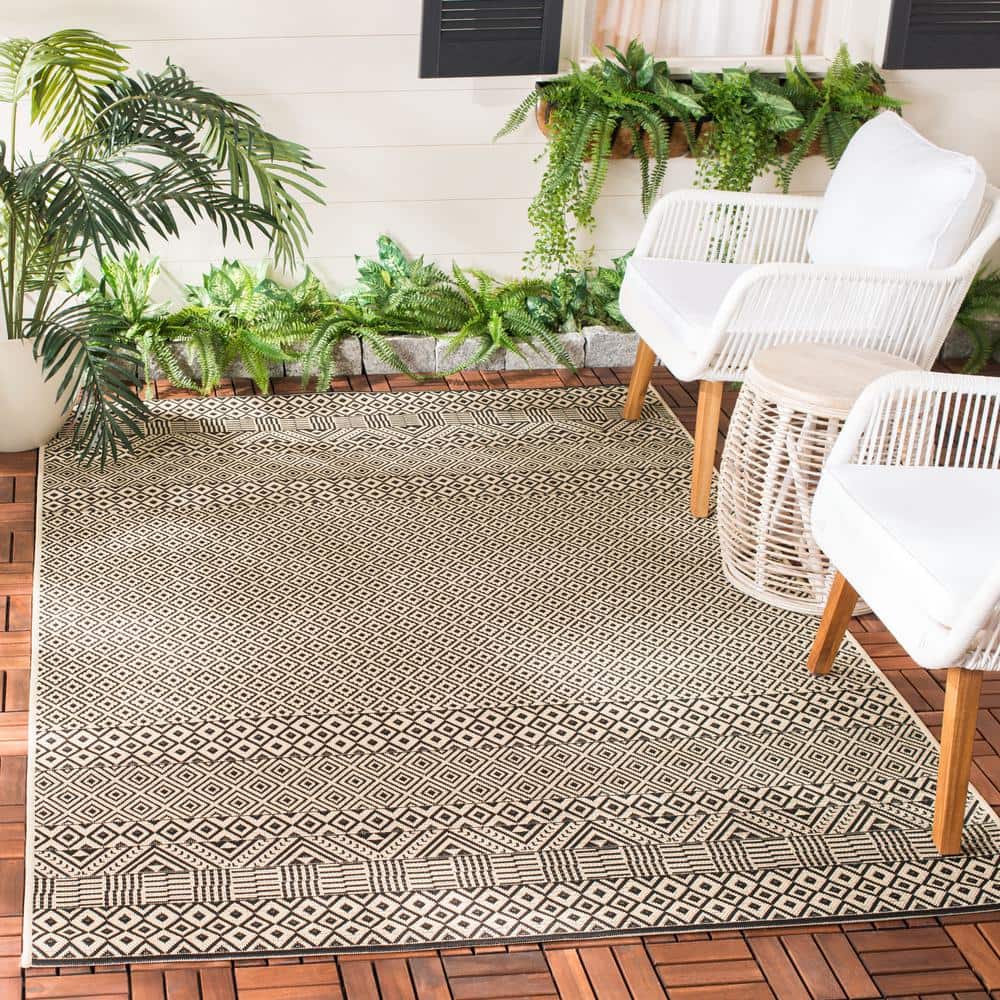 Beige and Black 9' x 12' Synthetic Flat Woven Reversible Rug