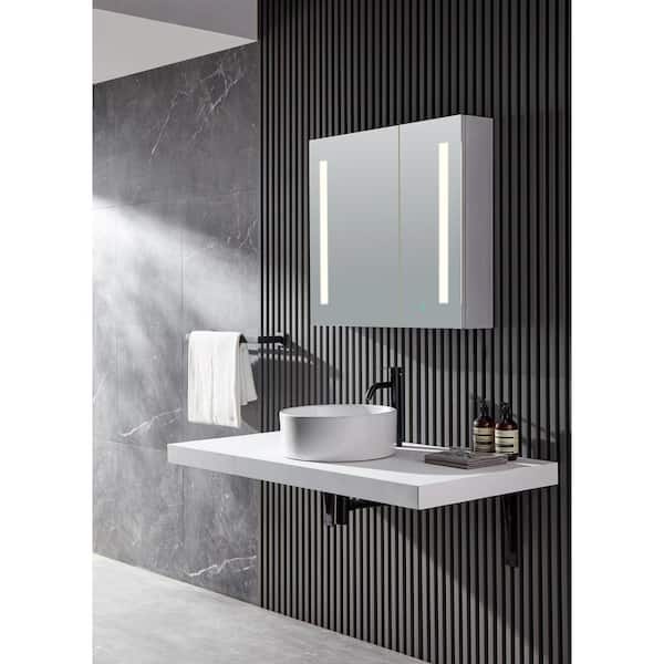 Ether 32 in. W x 28 in. H Surface Mount Medicine Cabinet in Siler with LED Lighting and Mirror Defogger