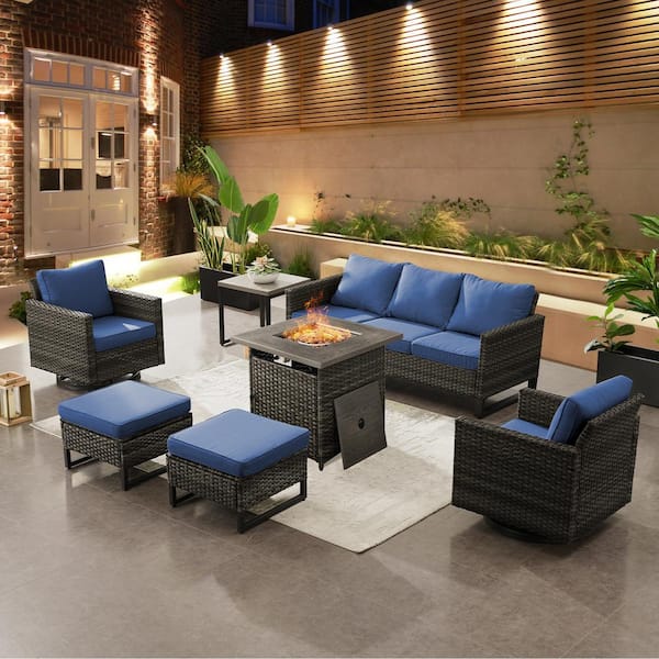Gymojoy Valenta Gray 7-Piece Wicker Patio Conversation Set with Blue Cushions