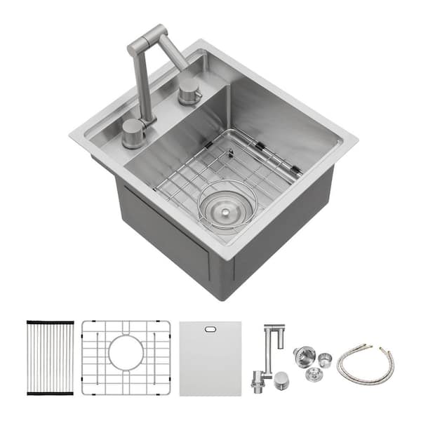 15 in. Undermount Single Bowl 16-Gauge Brushed Nickel Stainless Steel Kitchen Sink with Faucet and Bottom Grids