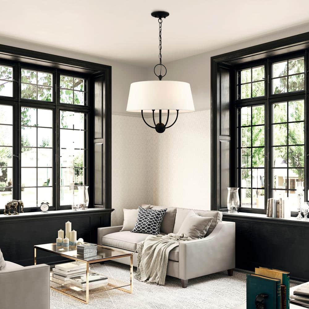 Mini Drum 4-Light Black Pendant with Off-White Shade