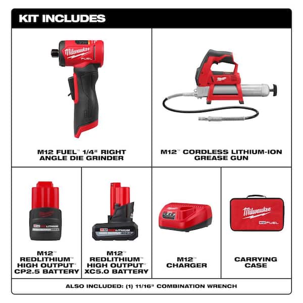 M12 FUEL 12V Lithium-Ion Brushless Cordless 1/4 in. Right Angle Die Grinder Kit with Grease Gun