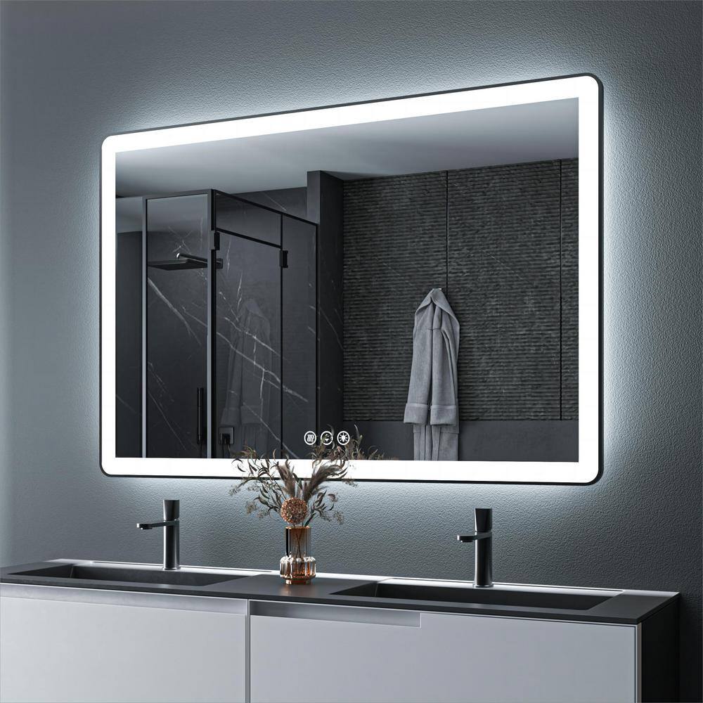 60 in. W x 40 in. H Rectangular Framed LED Anti-Fog Wall Mount Bathroom Mirror in Black with Backlit and Front Light price history on PriceWatchPro