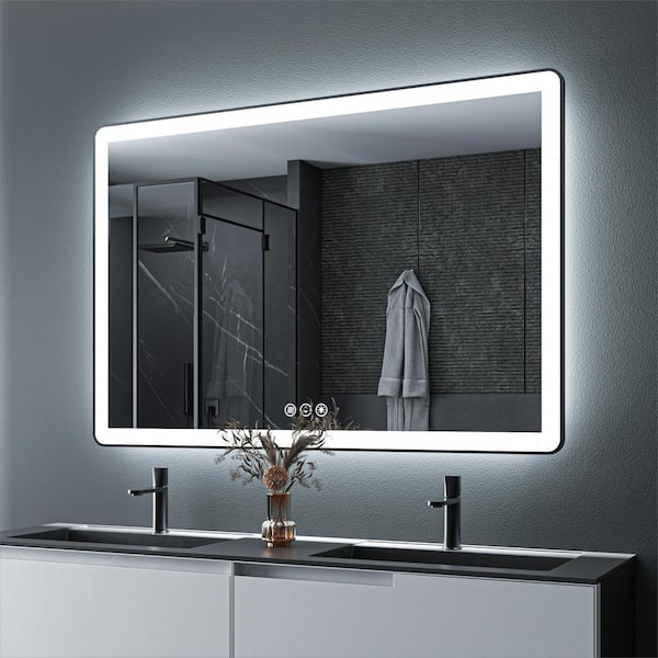 60 in. W x 40 in. H Rectangular Framed LED Anti-Fog Wall Mount Bathroom Mirror in Black with Backlit and Front Light