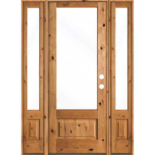 Krosswood Doors 64 in. x 96 in. Farmhouse Knotty Alder Left-Hand/Inswing 3/4 Lite Clear Glass Clear Stain Wood Prehung Front Door