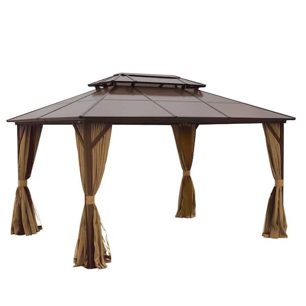 Boosicavelly 10 ft. x 13 ft. Brown Aluminium Alloy Hardtop Gazebos with Polycarbonate Double Roof with Netting and Curtains