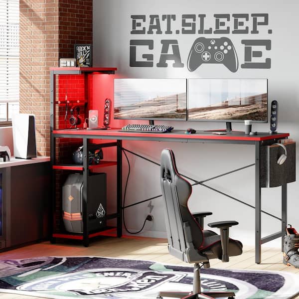 Bestier 61 in. LED Gaming Desk with 4-Tier Reversible Storage Shelves, Power Outlets and Storage Bag Black Carbon Fiber