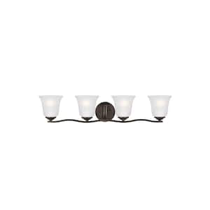 Emmons 31 in. 4-Light Bronze Traditional Transitional Bathroom Vanity Light with Satin Etched Glass Shades