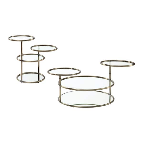 Furniture of America Orrinne 2-Piece 30 in. Champagne Round Glass Coffee Table Set with Shelf