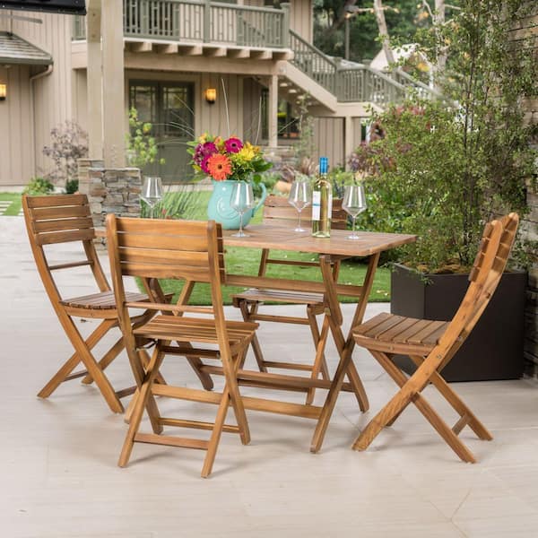 5-Piece Acacia Wood Outdoor Dining Set, Patio Furniture Set Include Folding Table and Chairs for Garden, Backyard, Teak