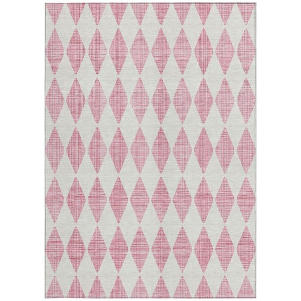Pink, Ivory 8 ft. x 10 ft. Woven Geometric Polyester Rectangle Indoor / Outdoor Area Rug