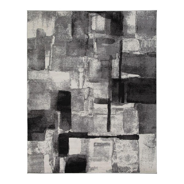 Benjara Modern Black, Gray, and Cream 8 ft. x 10 ft. Abstract Design Polypropylene Fabric Area Rug