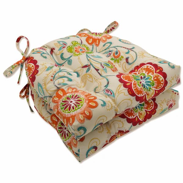 Pillow Perfect Floral 17.5 x 17 Outdoor Dining Chair Cushion in Multicolored/Tan (Set of 2)