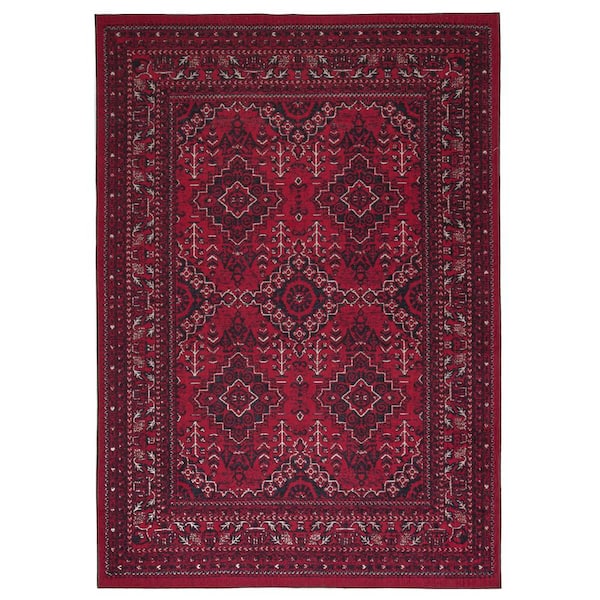 PLAYA RUG Denali Burgundy 4 ft. x 6 ft. Vintage-Turkoman Oriental Bokhara Machine Washable Area Rug