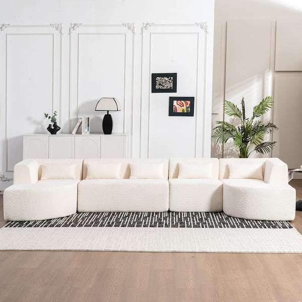 Polibi 143.7 in. Boucle Fabric Square Arm Straight Sectional Sofa in Beige with 2-Chaise Lounge and 5-Back Pillows