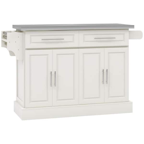 Cream White Metal Top 57 in. Kitchen Island with Drawers, Cabinets, Towel Rack and Wheels