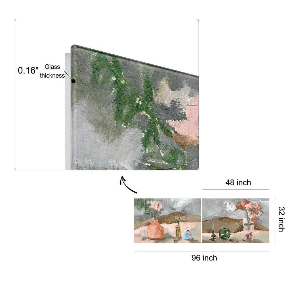 Rustic Still Life Pink Vase and Green Teapot Glass Wall Art Set