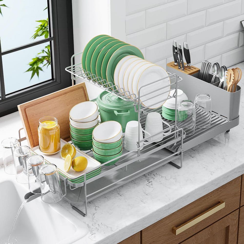 Gray Extendable Kitchen Dish Drying Rack with Drainboard, Anti