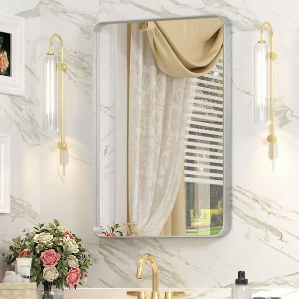 Apmir 16 in. W x 24 in. H Rectangular Aluminum Alloy Framed and Tempered Glass Wall Bathroom Vanity Mirror in Brushed Silver