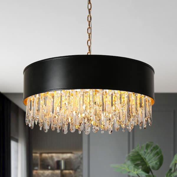 Phesonlaxy 9-Light Black and Brass Chandelier Modern Luxury Crystal Drops High Ceiling Light for Living Room, Bedroom