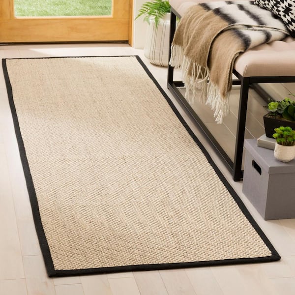 Natural Fiber Marble/Black 3 ft. x 6 ft. Woven Border Runner Rug