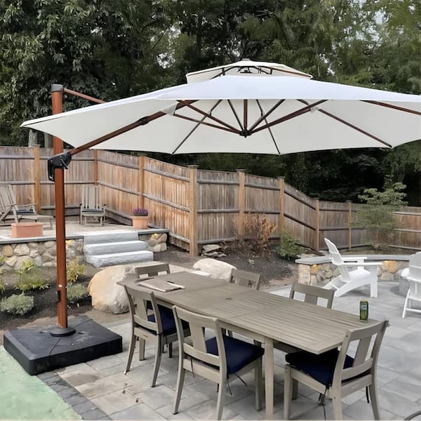 13 ft. Octagon All-aluminum 360° Rotation Wood pattern Cantilever Offset Outdoor Patio Umbrella in Cream