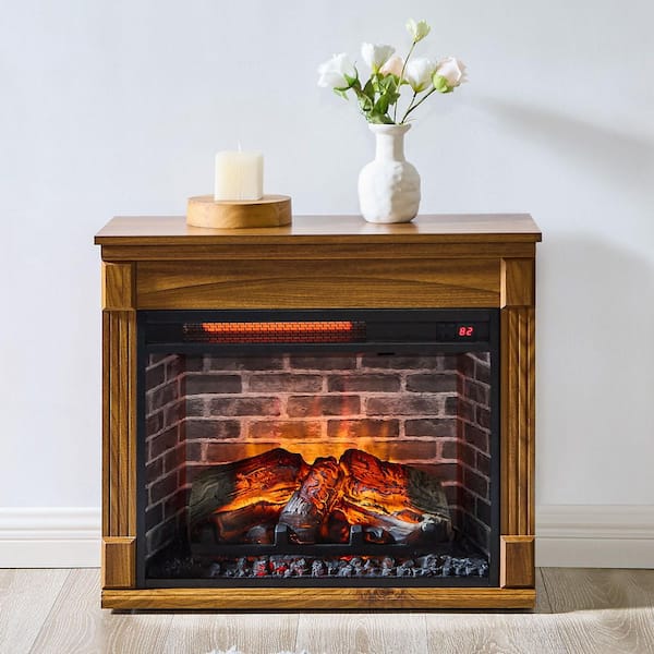 28 in. Freestanding Electric Fireplace Heater Mantel With Removable Caster Wheel in Antique Black
