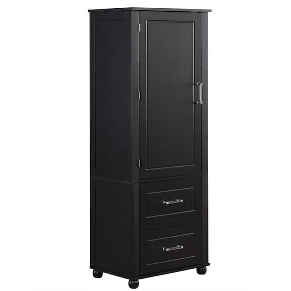 YSQCAR 23 in. W x 16 in. D x 61 in. H Freestanding Black Linen Cabinet with Door Anti-Tip, 3-layer Open Shelf