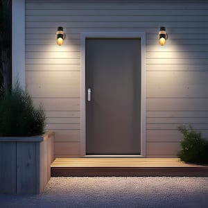 Modern 10 in. Black Dusk to Dawn Outdoor Hardwired Wall Lantern Sconce with Gold Accent and No Bulbs Included