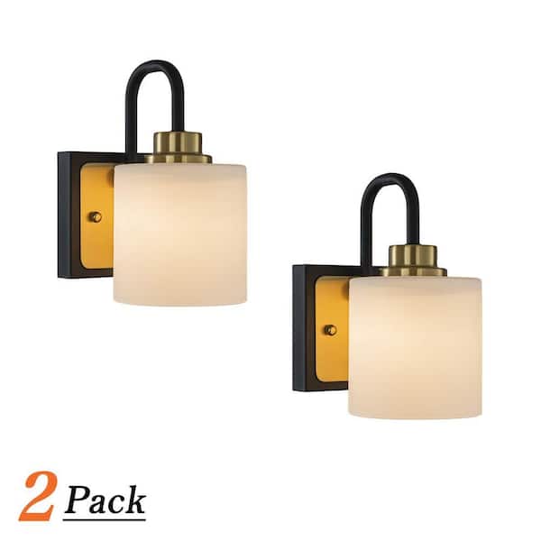 5 in. 1-Light Modern Elegant Brass And Black Bathrooom Vanity Light With Milk White Glass Shades (2-Pack)