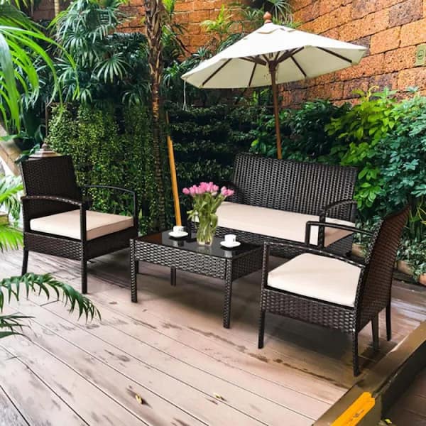 Tenleaf 4-Piece Brown Wicker Patio Conversation Set with Beige Cushions