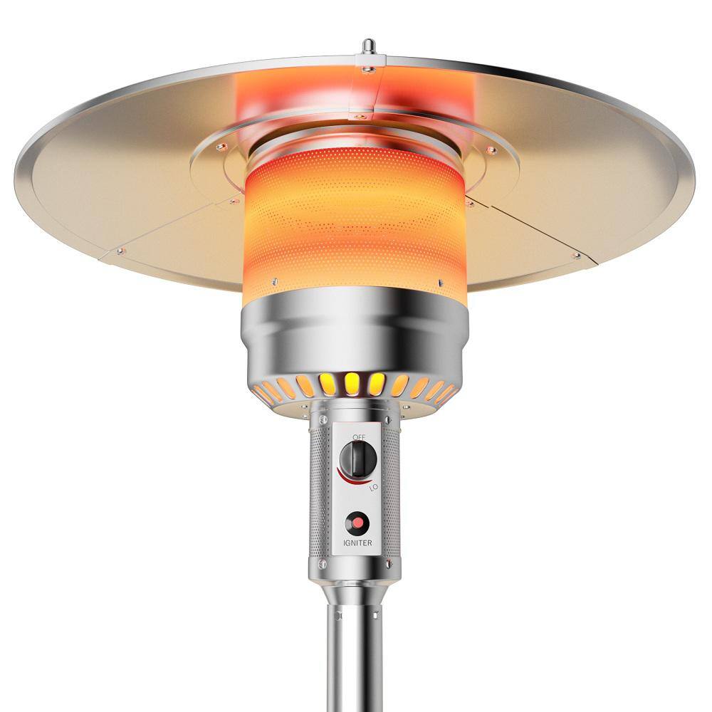 Silver Freestanding Propane Patio Heater with Rolling Wheels and Table
