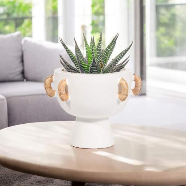 9 in. White Terracotta Eared Decorative Bowl on Stand