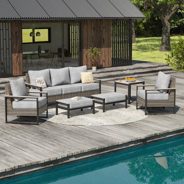 6 Pieces Patio Conversation Set with Side Table and Ottomans All-Weather Gray PE Wicker Chair with Linen Grey Cushion