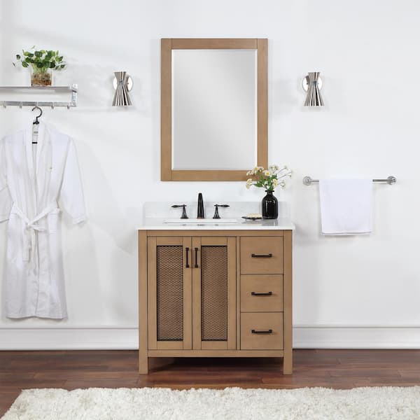 Altair Ivy 27.2 in. W x 36 in. H Rectangular Wood Framed Wall Bathroom Vanity Mirror in Brown Pine