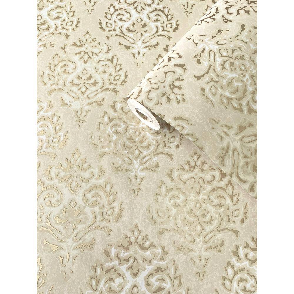 Beige 3D Embossed Non-Pasted Damask Wallpaper Roll