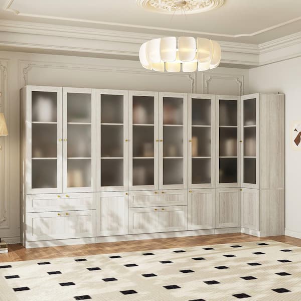 Gray Wood Grain Combination Cabinet 70.9 in. H Office Storage Cabinet with Frosted Glass Doors, Corner Cabinet, Drawers