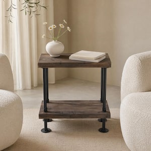 23.62 in, Dark Brown Solid Wood Rectangle Side Table, 2-Tier Accent End Table, Farmhouse Nightstand for Living Room