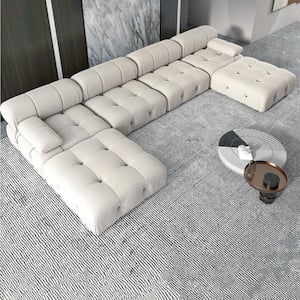 Minimalist 138.6 in. U-Shape Convertible Sofa 6-Seat Velvet Reversible Free Combination Sectional with Ottomans, Beige