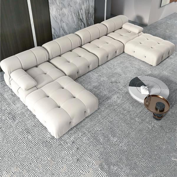 Magic Home 139 in. Square Arm 6-Piece Velvet U-Shaped Sectional Sofa in Beige