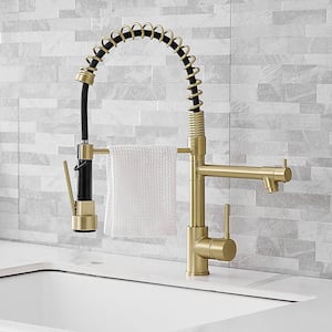 Single Handle Touchless Deck Mount Gooseneck Pull Down Sprayer Kitchen Faucet with Small Faucet in Brushed Gold