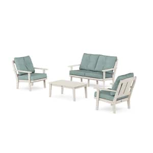 Mission 4-Pcs Plastic Patio Conversation Set with Loveseat in Sand/Glacier Spa Cushions