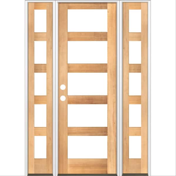 64 in. x 96 in. Modern Hemlock Right-Hand/Inswing 5-Lite Clear Glass Clear Stain Wood Prehung Front Door w/Sidelites